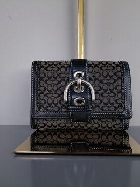 Coach Silver Black Signature Canvas Turnlock Wallet